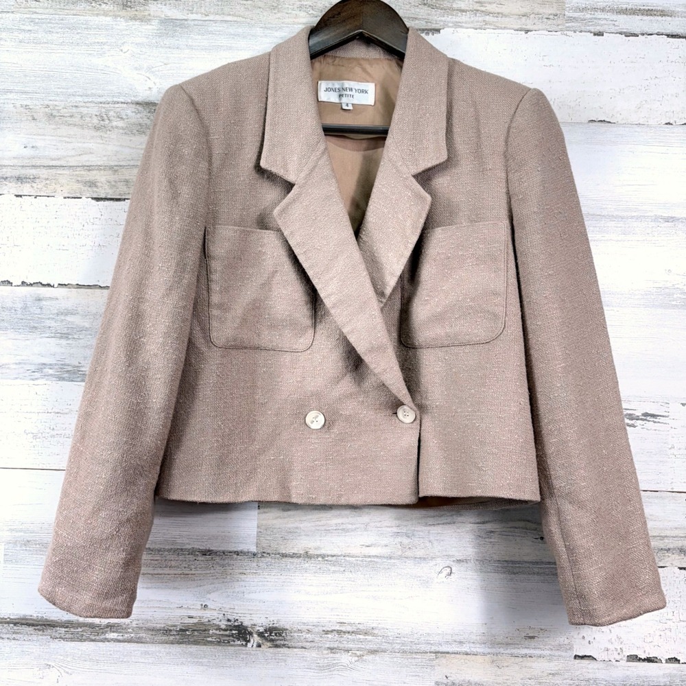 Jones New York Blazer Women 4P Beige Cropped Double Breasted Textured Corpcore